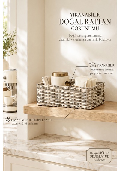 Ocean Home Textile Yıkanabilir Gri Pp Rattan Sepet 33 X 23 X 11 Cm