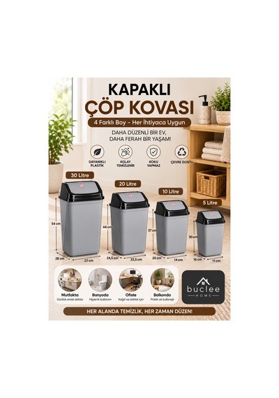 Sallanır Kapaklı Çöp Kovası Gri Mutfak Banyo Ofis Çöp Kutusu 5l - 10l - 20l - 30l Gri - 914200115 Gri