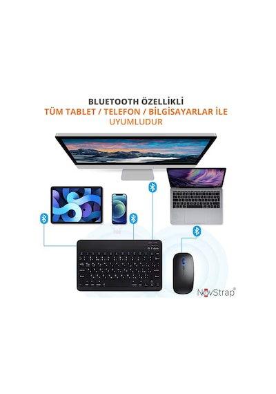Novstrap Bluetooth Klavye Mouse Seti Şarjlı Türkçe Q Karakter Tüm Tablet Ve Telefonlar İle Uyumlu Siyah