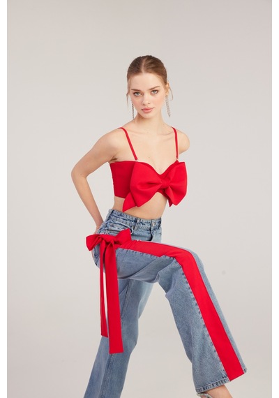Holly Lolly Yüksek Bel Kurdele Detaylı Wide Leg Kyla Jean Pantolon Mavi