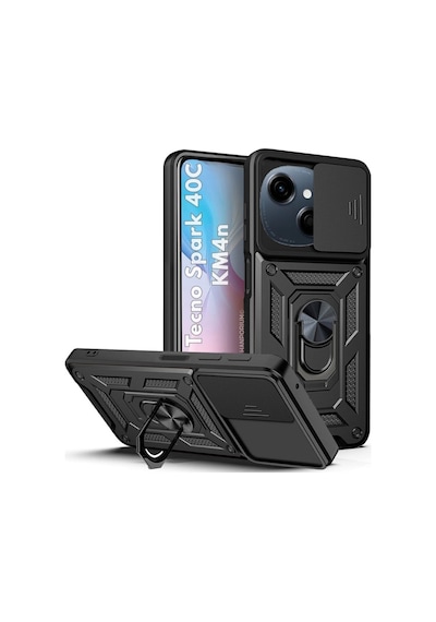 Tecno Spark 40c Uyumlu Tank Kılıf - Yüzüklü Standlı Extra Koruma Zırhlı Outdoor Kapak - Siyah Siyah