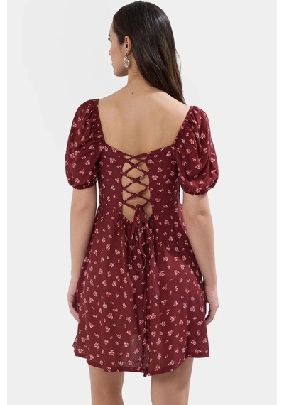 Ersefa Kısa Kollu Çiçekli Mini Elbise Viskoz Skater Rahat Yazlık Trend Bordo