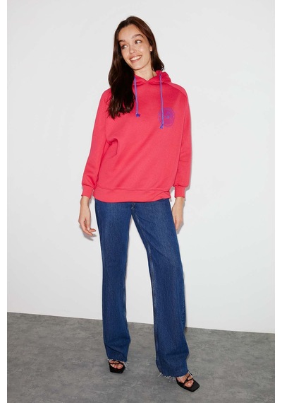 Ethıquet Polınıa Kadın İçi Polarlı Göğsü Baskılı Regular Fit Kontrast Kordonlu Kapüşonlu Pembe Sweat Mavi