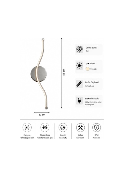 AvizeGO Vetro Modern Led Duvar Apliği Günışığı Gri
