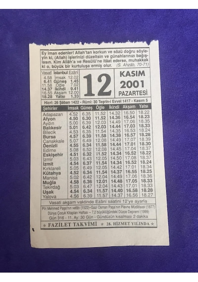 12 Kasım 2001 Takvim Yaprağı - Nostalji Koleksiyonluk Takvim Yaprağı