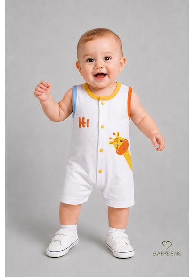 Babyden's Erkek Bebek Tulum Yazlık Pamuklu Şortlu Çıtçıtlı Zürafa Baskılı Bebek Tulumu Yenidoğan Bebek Giyim 0-9 Ay Beyaz