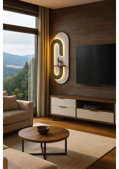 Lüks Modern Led Duvar Dekoru Raflı Tasarım Uzaktan Kumandalı Ambiyans Işığı 110x46 Kahverengi