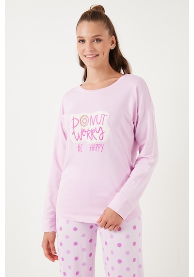Lela Streç Standart Fit Bisiklet Yaka Desenli Bayan Pijama Takımı 6095700 Açık Pembe