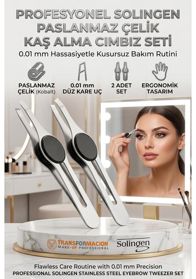 Transformacion Profesyonel Kaş Cımbızı 2'li Set Çelik Düz Uçlu Tüy Alma Cımbızı Solingen Professional 718965