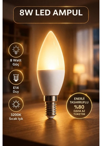 Tr 8w Led Ampul, E14 Duy, 3200k Sıcak Işık, Mum Tipi Genel