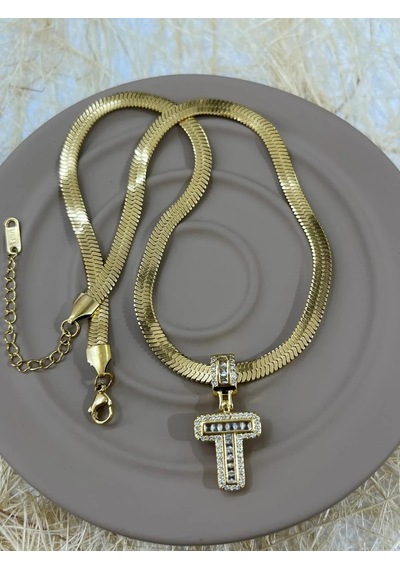 Premium Gold Renk Şık Ve Parlak 316l Çelik Gold T Harf Kolye 45cm Altın