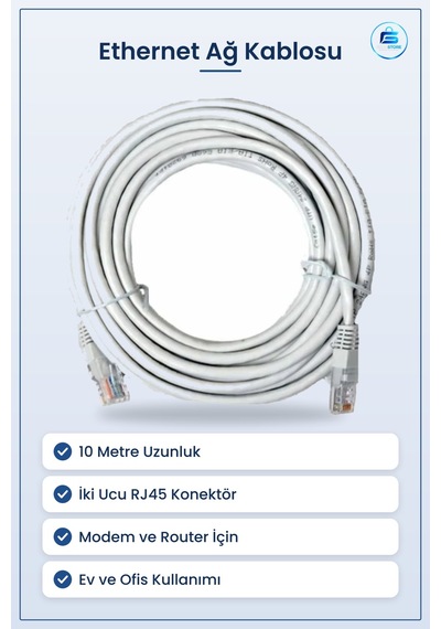 Network Kablosu 10 Metre Ethernet Ağ Rj45 Modem Router Bilgisayar