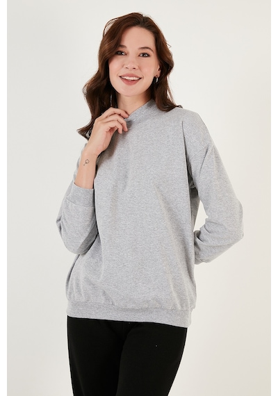 Lela Pamuklu Dik Yaka Basic Örme Bayan Sweat 5863323 Gri Melanj