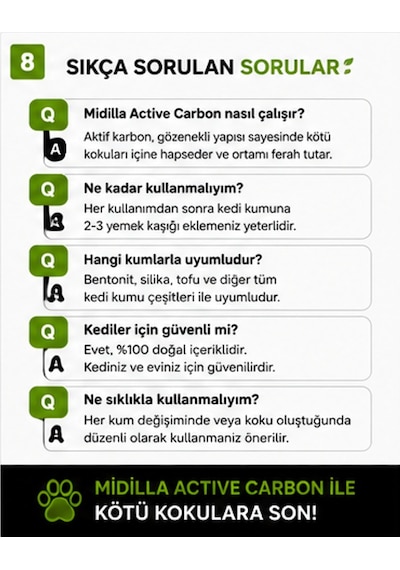 Midilla Active Carbon Kedi Kumu Koku Giderici 4 X 250 G %100 Gerçek Aktif Karbon Toplam 1.000 G