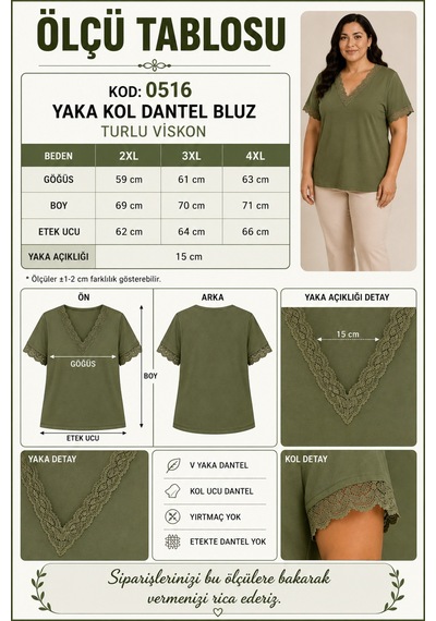 Gülmina Moda Kadın Büyük Beden Yaka Kol Dantelli V Yaka Bluz - Haki