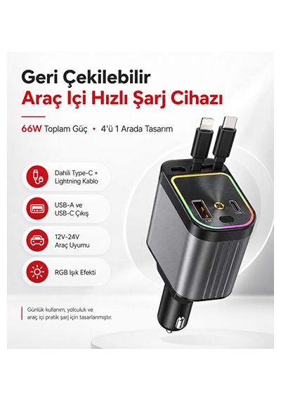 66w Geri Çekilebilir 4'ü 1 Arada Araç Şarj Cihazı Type-c Lightning 01