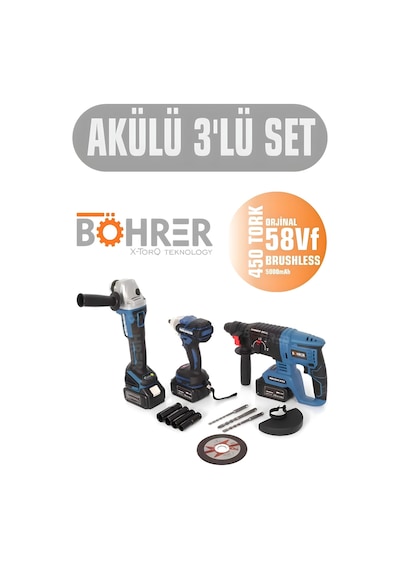 Böhrer 3 Lü 258vf 5ah Şarjlı Kırıcı Delici -Taşlama -Vidalama +3 Batarya Set