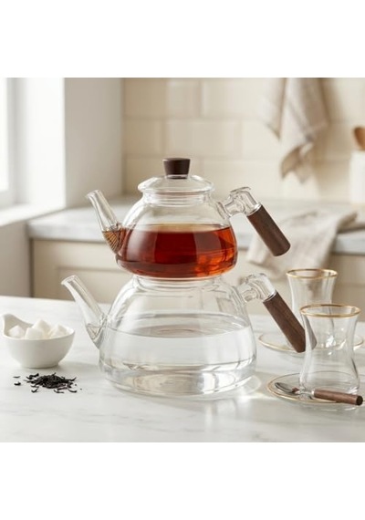 1800 Ml + 550 Ml Akasya Cam Çaydanlık Takımı - Ahşap Kulplu, Isıya Dayanıklı Borosilikat Şeffaf Çaydanlık, Yaylı Süzgeçli Şık Lüks Tasarım 1