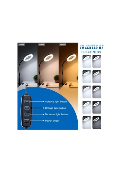 Usb Büyüteçli Led Masa Lambası, 3 Renk Modu, Klipsli Tasarım, Esnek Boyun, Doğal Işık, Sıcak Işık, Soğuk Işık .