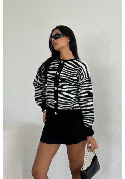 Ded Collectıon Kadın Zebra Desenli Sakallı Triko Düğmeli Hırka Siyah