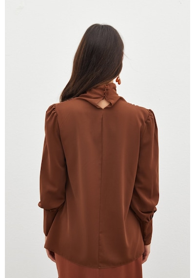 Sateen Drape Detaylı Bluz - Kahve
