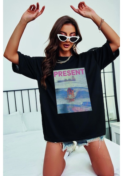 Unisex Present Baskılı Oversize Tshirt Siyah