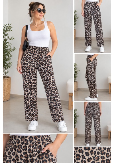 Cocosushicooo Leopar Desenli Beli Lastikli Rahat Kalıp Kadın Pantolon Büyük Beden