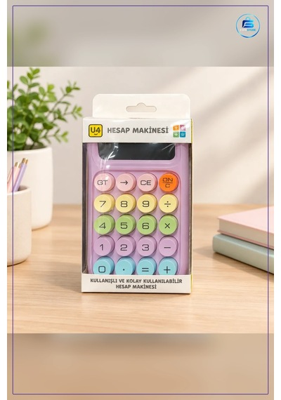 Hesap Makinesi Haneli Pilli Pastel Renkli Yuvarlak Tuşlu Ofis Oku Çok Renkli