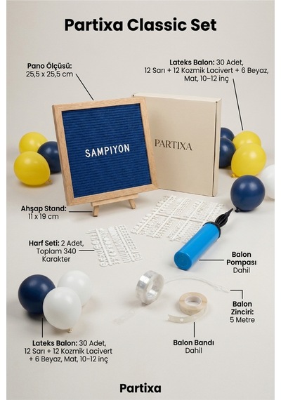 Sarı Lacivert Taraftar Süsleme Classic Set Siyah Keçe Yazı Panosu Standlı Balon Zincirli El Pompası Taraftar Seti 10 - 12 Yaş