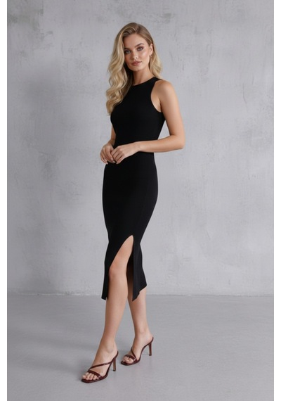 Defymoda Kadın Siyah Halter Yaka Yırtmaçlı Pamuklu Fitilli Likralı Kaşkorse Slim Fit Midi Elbise Siyah