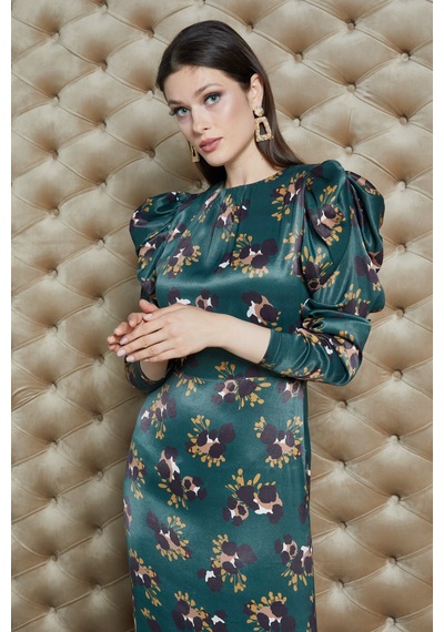 Serpil Exclusive Emprime Desenli Saten Dokulu Midi Elbise Şık Ve Modern Stil Yeşil