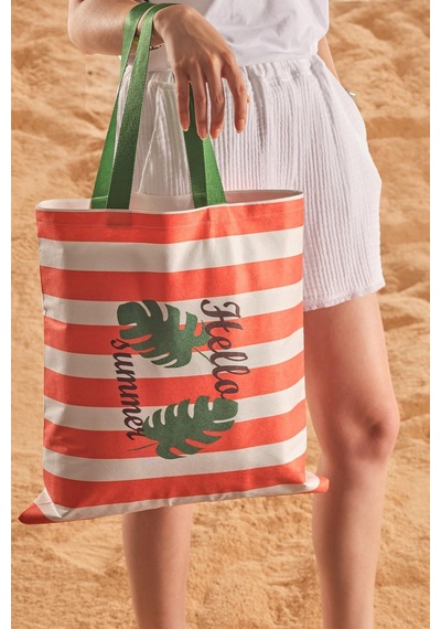 Hello Summer Desen Baskılı Plaj Çantası Kırmızı