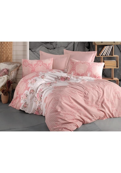 Çift Kişilik Çarşaflı Nevresim Takımı Pamuklu 4 Parça Desenli Açık Pembe