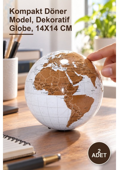 2 Adet Masa Üstü Dönen Dünya Küre Kompakt Döner Model, Dekoratif Globe, 14x14 Cm Sarı