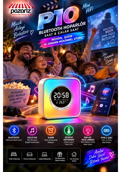 Rgb Led Bluetooth Hoparlörlü Dijital Masa Saati, Çalar Saat, Gece Lambası, Termometre, Ambiyans Işığı Ve Kablosuz Şarj Destekli Çok Fonksiyonlu Akıllı Saat P10 Rgb Led Bluetooth Hoparlörlü Dijital Masa Saati, Çalar Saat, Gece Lambası, Termometre, Ambiyans Işığı Ve Kablosuz Şarj Destekli Çok Fonksiyonlu Akıllı Saat P10