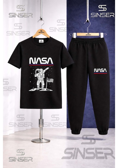 Ss Sinser Çocuk Astronot Beyz Ust Nasa Yazı Baskılı Tişort Eşofman Takımı Siyah
