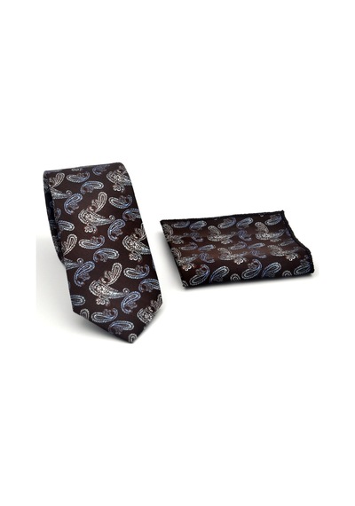 Gaffy Mavi Şal Desenli Kahverengi Dokuma Kumaş Mendilli Slim Fit Kravat // Sdk-2507-5 Kahverengi
