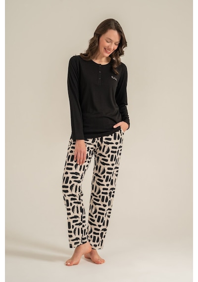Pierre Cardin Kadın Siyah Nakışlı Uzun Kol Pijama Takım Pc9300-s-v1 Pc9300-s-v1
