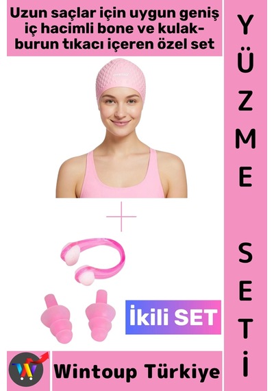 Bone Esnek Silikon Havuz Deniz Su Geçirmez Büyük Beden Saç Bonesi Kulak Burun Tıkacı Şık Özel Set Çok Renkli