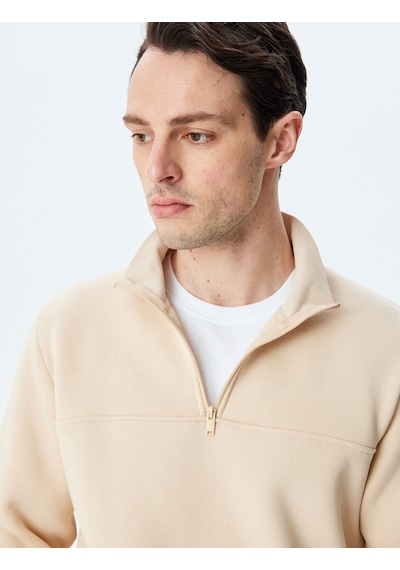 Koton Uzun Kollu Pamuk Karışımlı Basic Yarım Fermuarlı Sweatshirt Bej 5wam70255mk Ekru