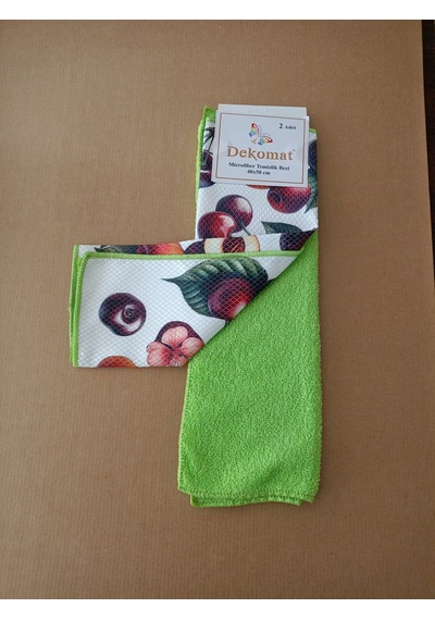 Microfiber Temizlik Bezi 40x50 Cm 2 Adet Kiraz Desen Bir Adet Baskılı Bir Adet Naturel Yeşil