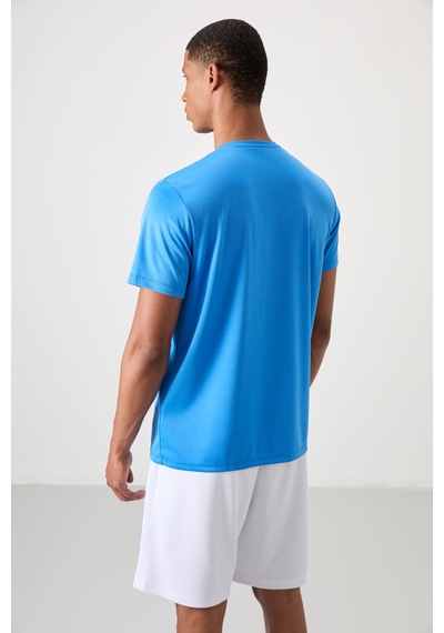 Tommy Life Saks Polyester Nefes Alan Dokulu İnce Esnek Standart Fit Erkek Performans T-shirt - 88385 Saks