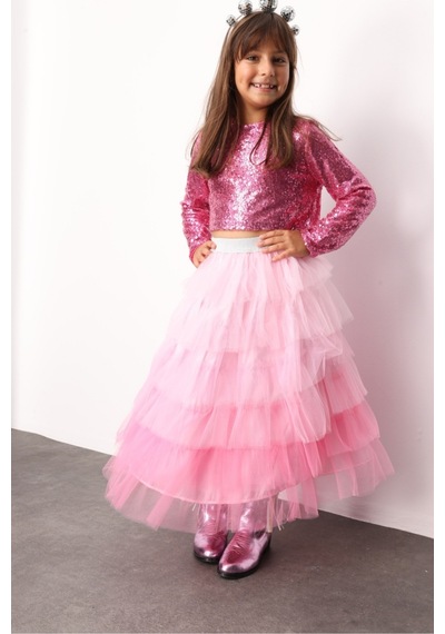 Le Mabelle Pembe Katlı Tüllü Kız Çocuk Uzun Etek - Azalea Pembe