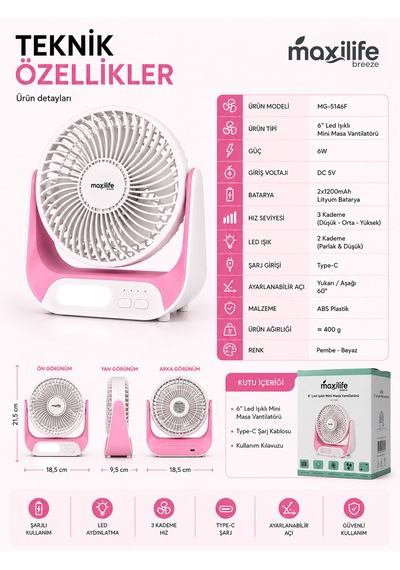 Breeze Mg-5146f Şarjlı Mini Masa Vantilatörü Led Işıklı 3 Kademeli Usb Type-c