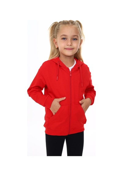 Toontoy Kız Çocuk Kapüşonlu Fermuarlı Cepli Düşük Omuz Nakış Baskılı Örme Hırka - 2 İplik Kırmızı