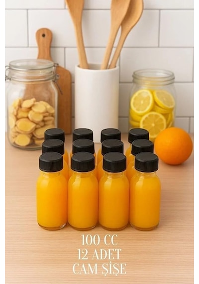 Ayrex 12 Adet 100 Ml Kilitli Siyah Kapaklı Şeffaf Detox Shot Şişesi 100 Cc Ginger Şat Beyaz Cam Şişe Diğer
