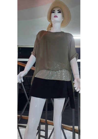 Bohem Stil İtalyan Yarasa Kollu Payetli İpek Bluz-9248 Haki