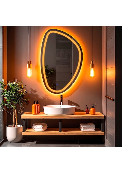 Diagonale Amber Led'li Kumlamalı Lavabo & Banyo Aynası Dokunmatik Sensörlü 70 X 45 Turuncu