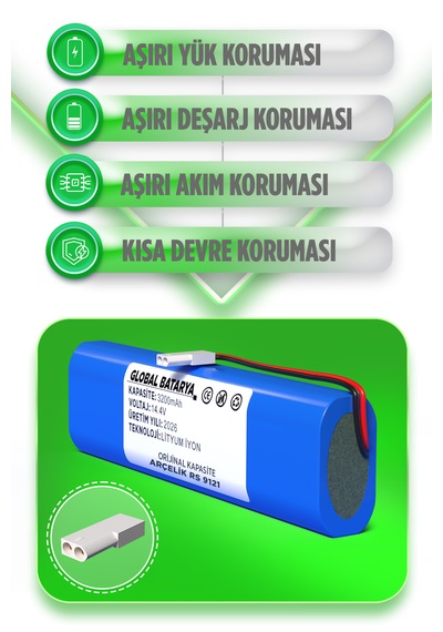 Arçelik Robo Rs 9121 Robot Süpürge Bataryası 14.4v 3200mah Li-ion Pil  Kapasite