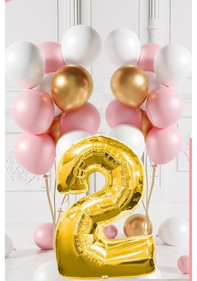 2 Yaş Retro Gold Pembe Beyaz Balon Seti Gold Rakamlı Doğum Günü Balonu Şık Parti Süsleme Çok Renkli